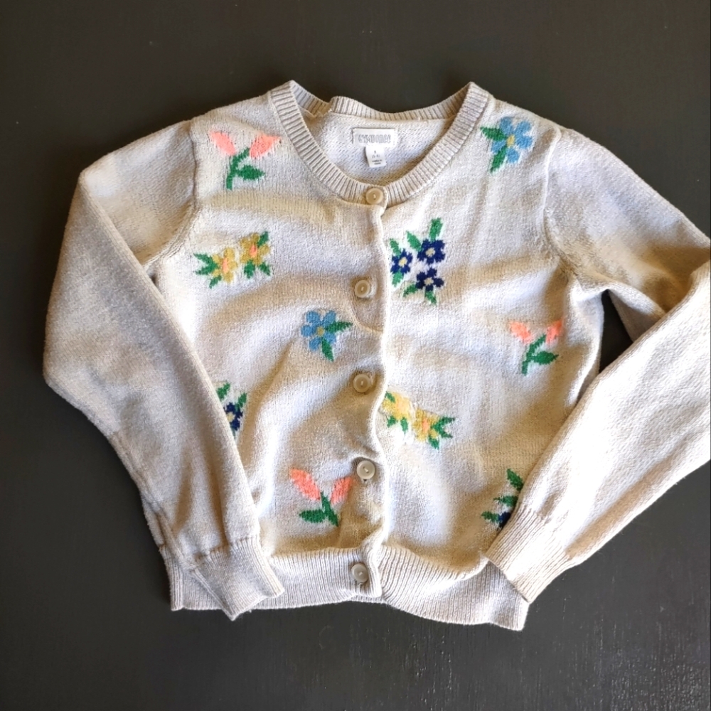 Girls Off White with Flowers Cardigan